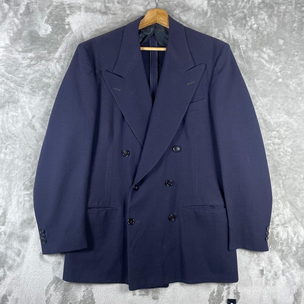 Vintage 1950s Gabardine Blazer Jacket Mens 42 Navy Double Breasted Peak Lapel